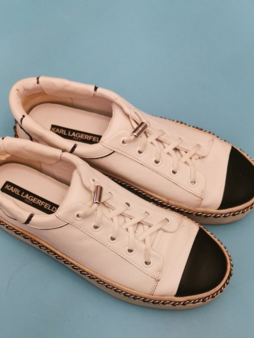 Karl Lagerfeld White Platform Sneakers with Black Accents and Chain Trim